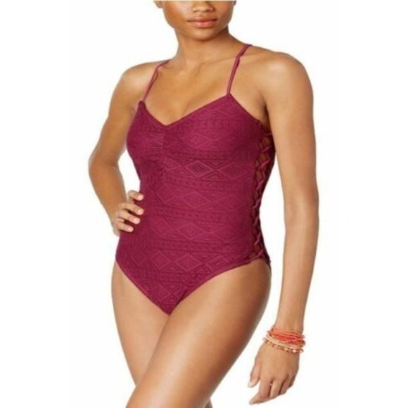 Hula Honey Juniors LARGE Lace Up Sides‎ Crochet One Piece Swim-Suit Wine NWT - Picture 1 of 1
